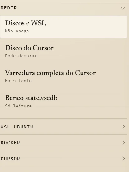 Grupos da sidebar, com o texto de cada ação