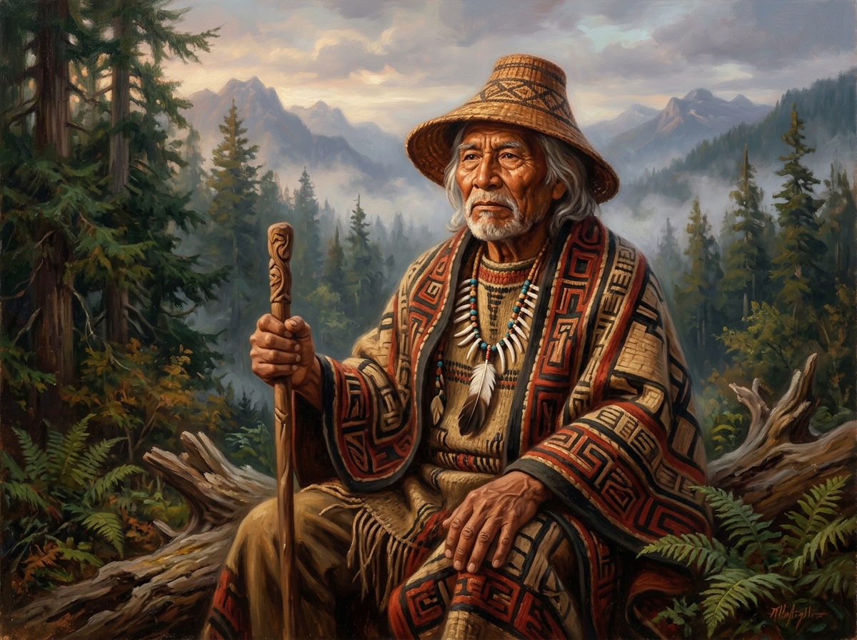 Retrato a óleo majestoso do Chefe Seattle (Si'ahl) em trajes tradicionais indígenas