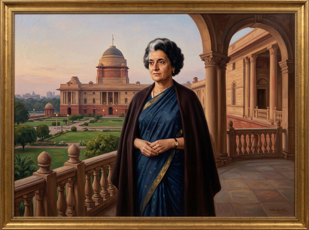 Retrato a óleo de Indira Gandhi no palácio presidencial em Nova Déli
