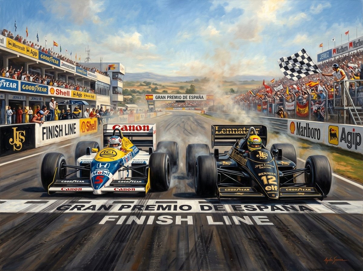 Pintura do duelo final entre Senna e Mansell na linha de chegada em Jerez 1986